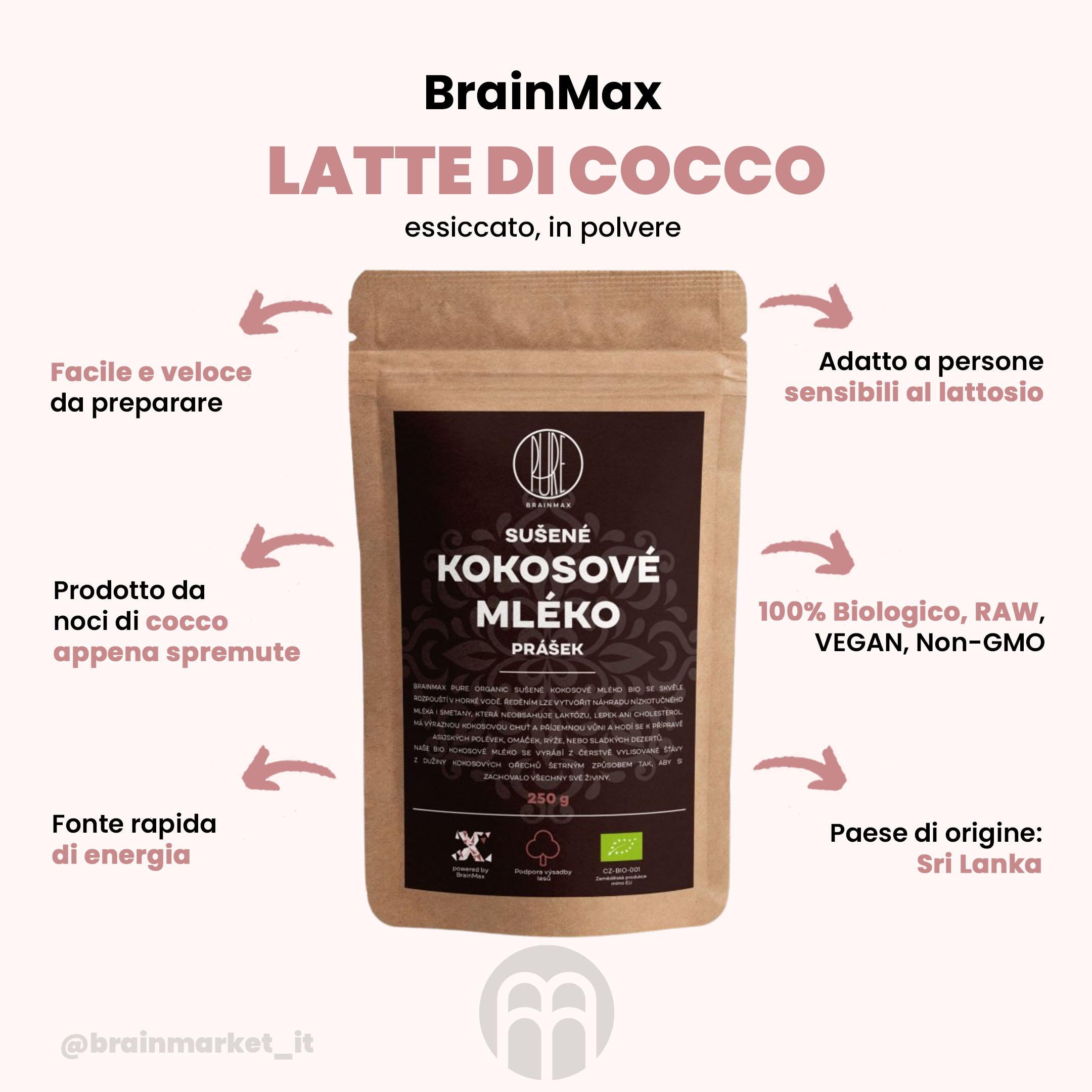 BrainMax Latte di cocco puro BIO in polvere, 250 g - BrainMarket.cz