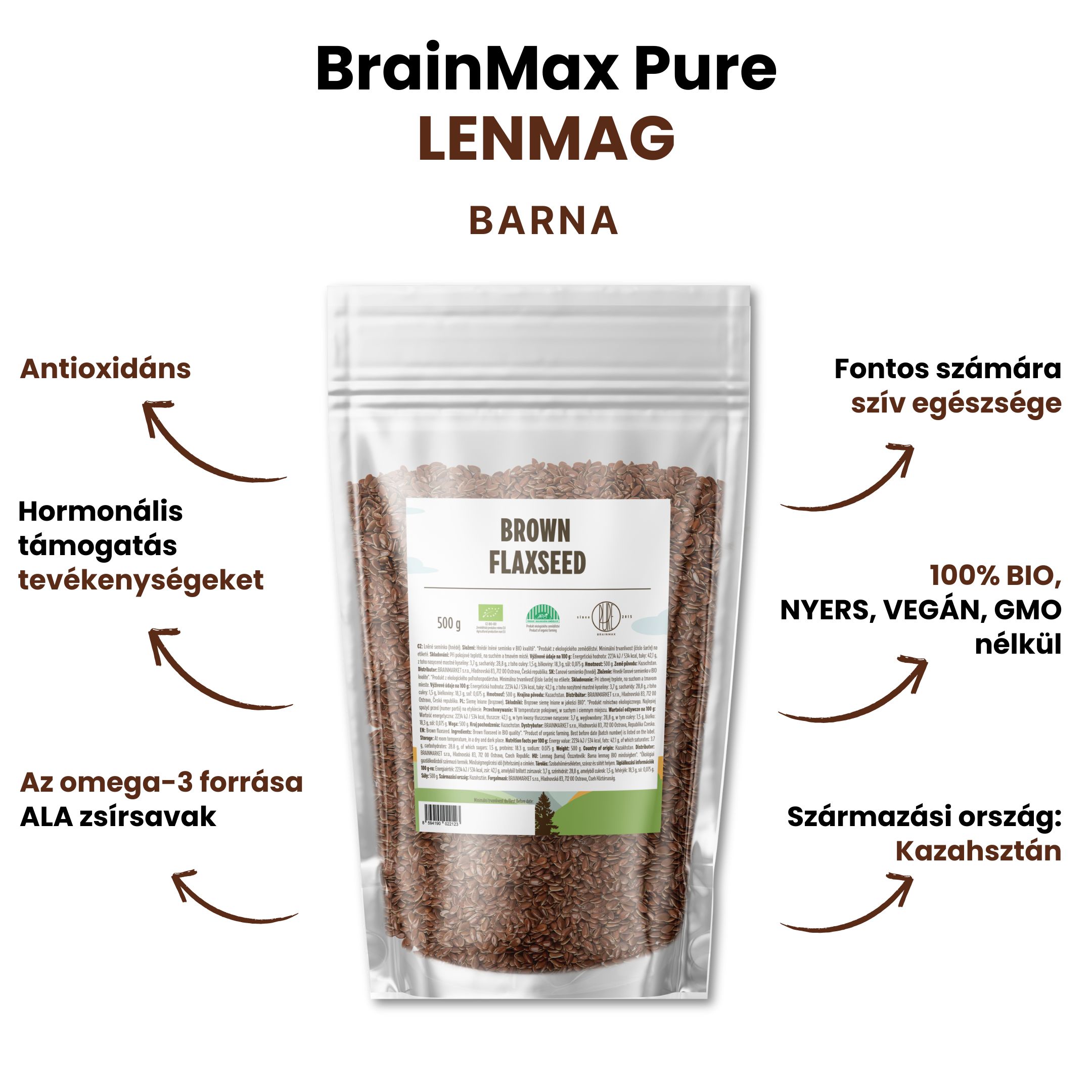 BrainMax Semi di lino puri (marroni) BIO, 500 g