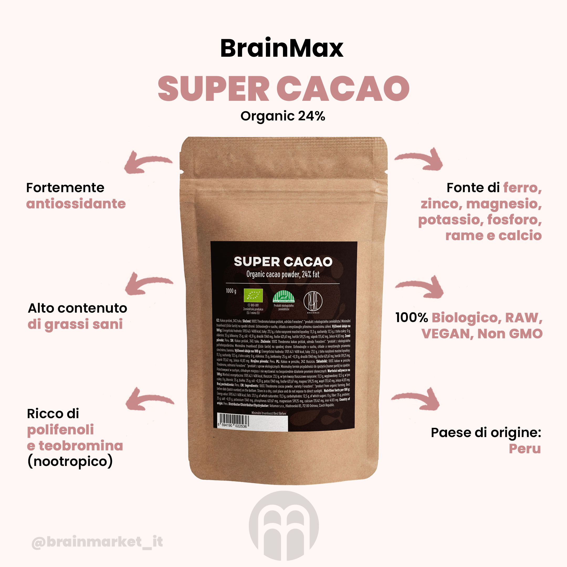 BrainMax Pure Organic 24 Super Cacao, cacao BIO, 500g - BrainMarket.cz